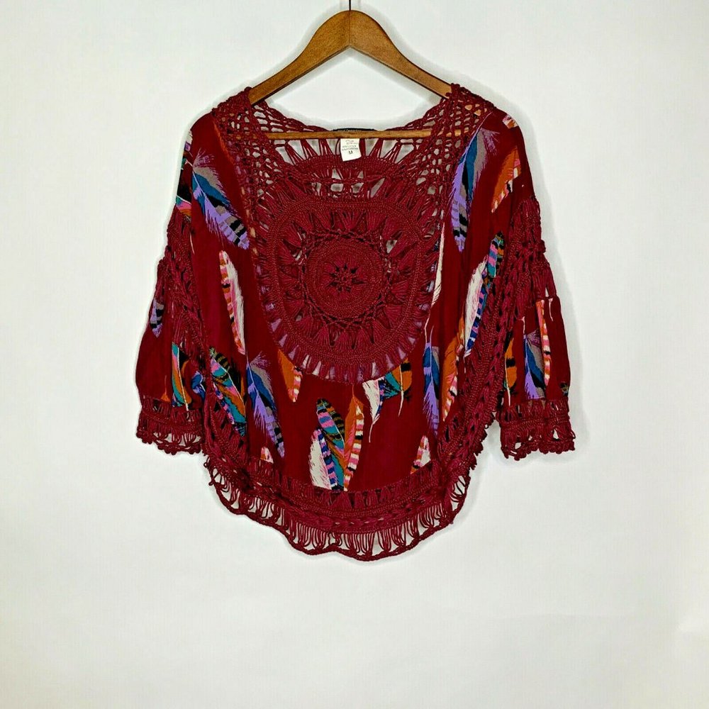 Women's Vivid Importers of NY Hippie Boho Fringe Maroon Color Tunic Top Size M